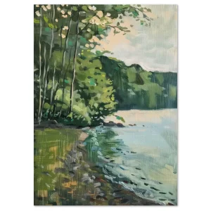 Tranquil Lakeside Greens Forest large wall art
