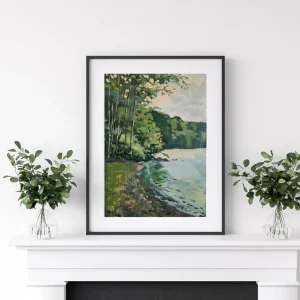 Tranquil Lakeside Greens Forest wall art prints