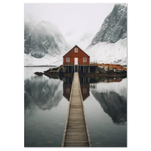 Cabin by the Silent Fjord Mountains large wall art