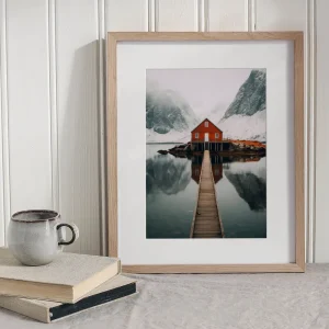 Cabin by the Silent Fjord Mountains wall art prints