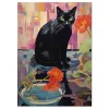 Midnight Cat with Blooms Floral large wall art