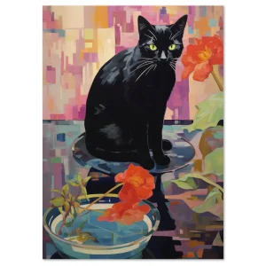 Midnight Cat with Blooms Floral large wall art
