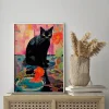 Midnight Cat with Blooms Floral wall art prints
