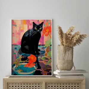 Midnight Cat with Blooms Floral wall art prints