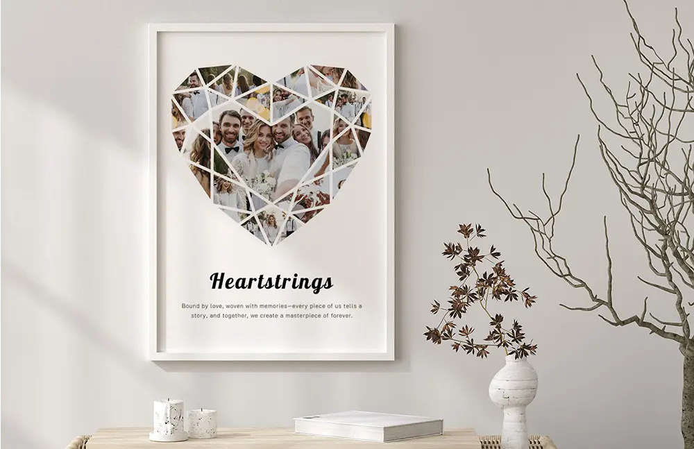 Heart shaped photo collage print titled Heartstrings displayed on wall in modern living room