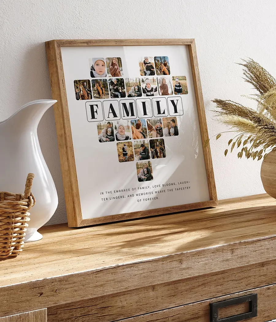 Family photo collage print in wooden frame styled with natural home décor