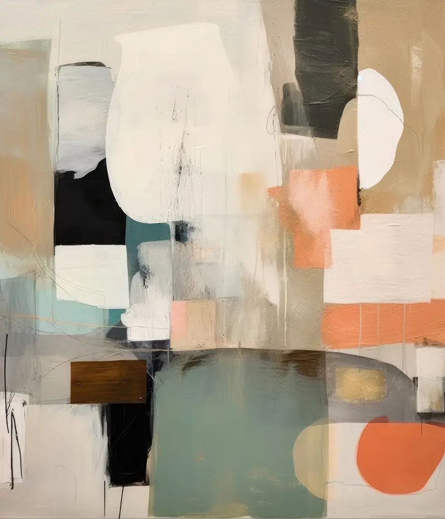 Abstract art print with overlapping geometric shapes in muted blue, beige and coral tones
