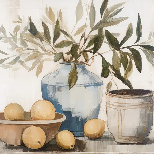 Still life art print featuring lemons and olive branches in ceramic vases with soft neutral tones