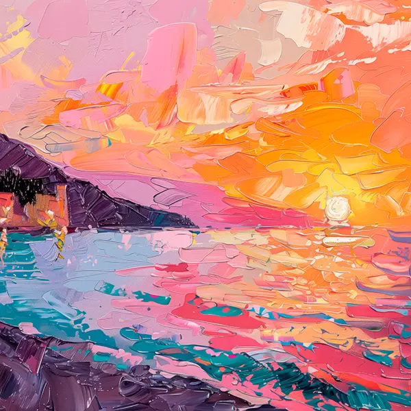 Sunset coastal art print in textured impasto style with pink and orange sky reflections