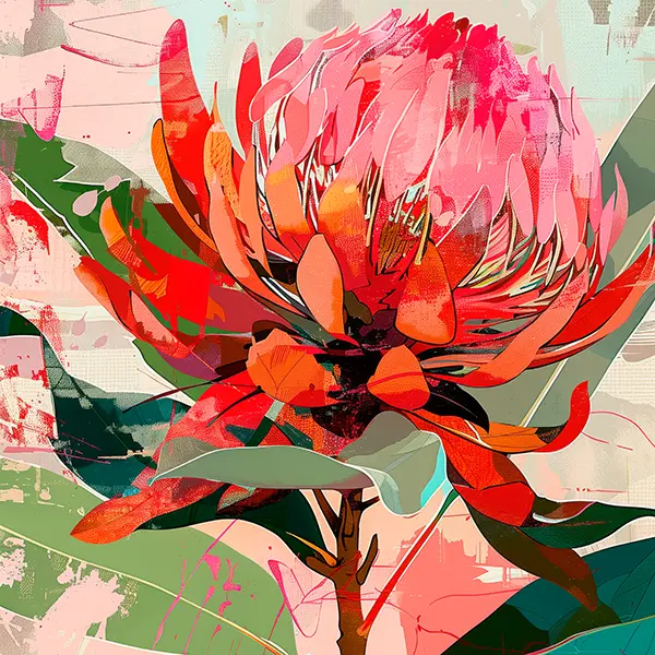 Vibrant floral art print featuring Australian protea flower in expressive brushstroke style