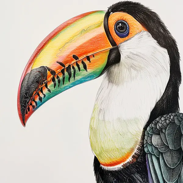 Colourful toucan art print with tropical vibes and detailed brushwork for modern interiors