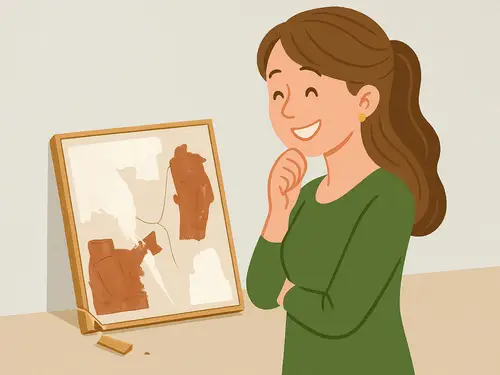 Illustration of woman admiring textured wall art with earthy abstract design