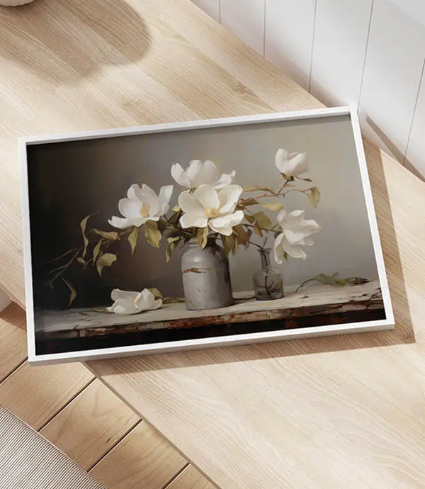 Minimalist floral wall art featuring white magnolia flowers in rustic ceramic vases