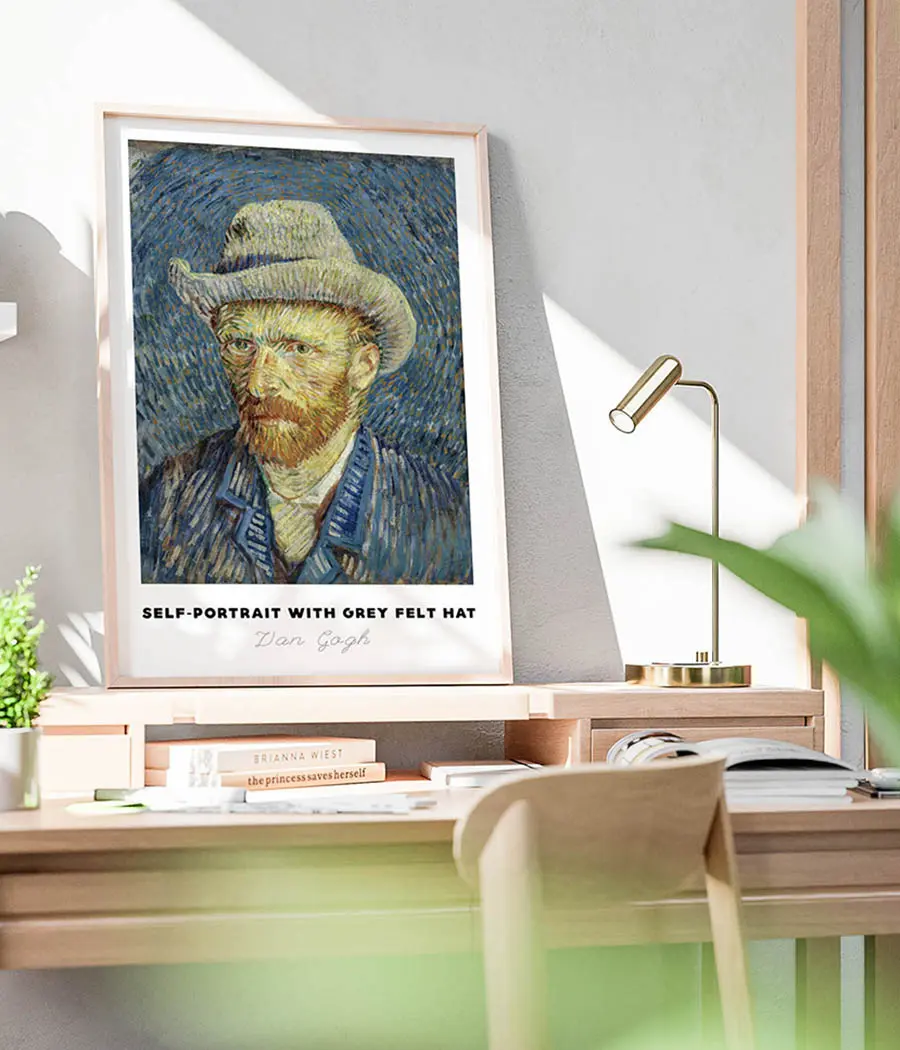 Vincent van Gogh inspired wall art print displayed on study desk with indoor plant