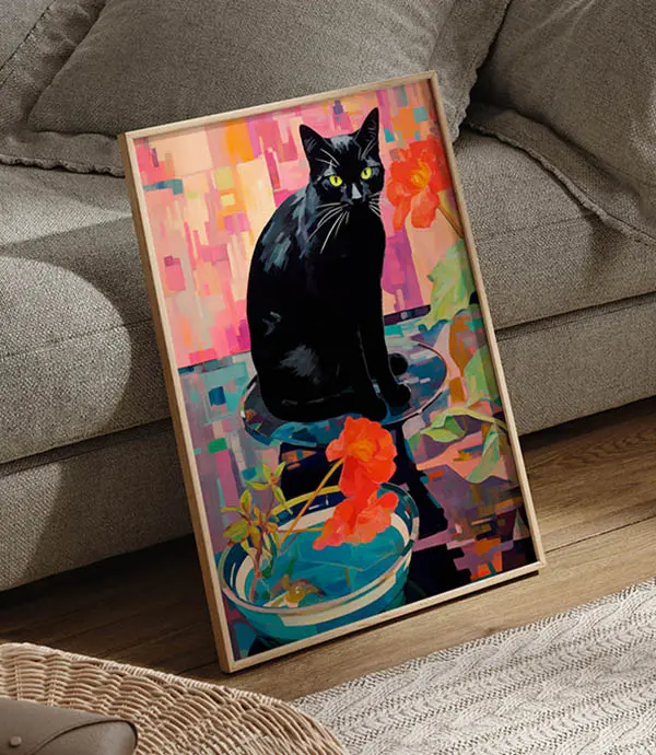 Abstract colourful cat wall art leaning against sofa in contemporary living space