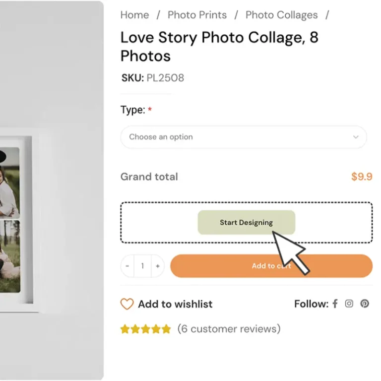 Screenshot showing the "Start Designing" button for the Love Story photo collage, guiding users to open the editor and customize their design.