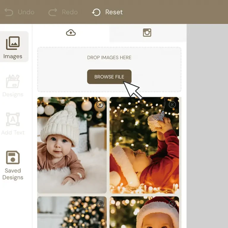 Screenshot showing the "Browse File" button for uploading photos in the photo collage maker, with a cursor pointing to the button.