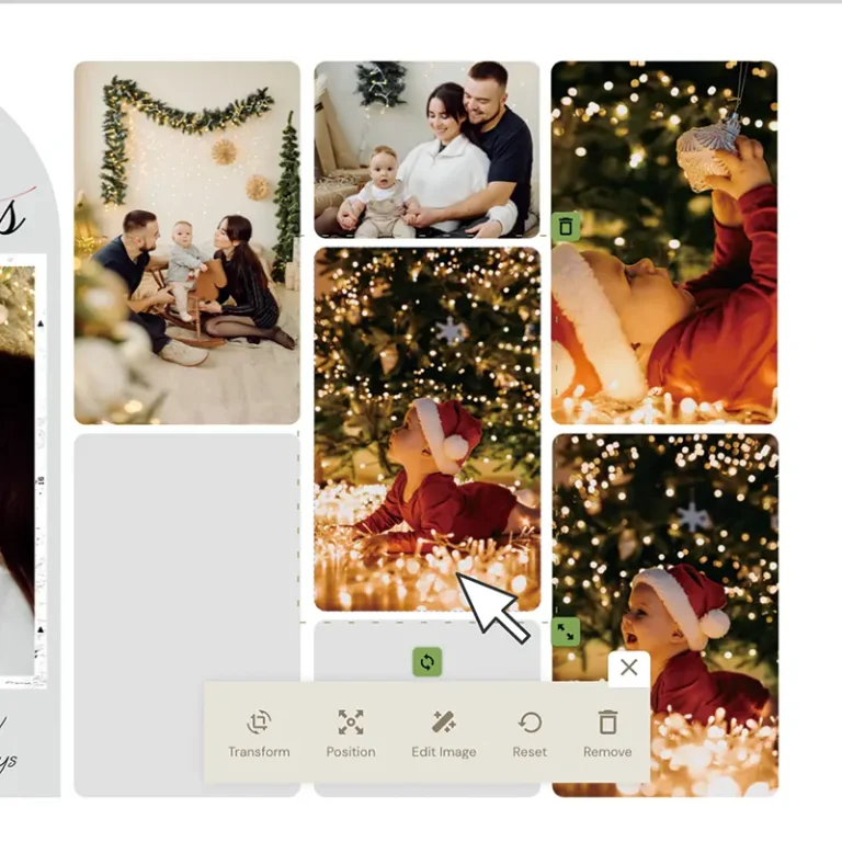 Screenshot showing how to adjust, resize, and rotate photos in the collage editor, with the cursor pointing to a photo for editing.