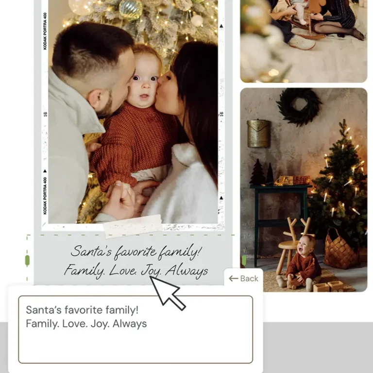 Screenshot showing how to edit the caption in the photo collage maker with the text "Santa's favorite family! Family. Love. Joy. Always."