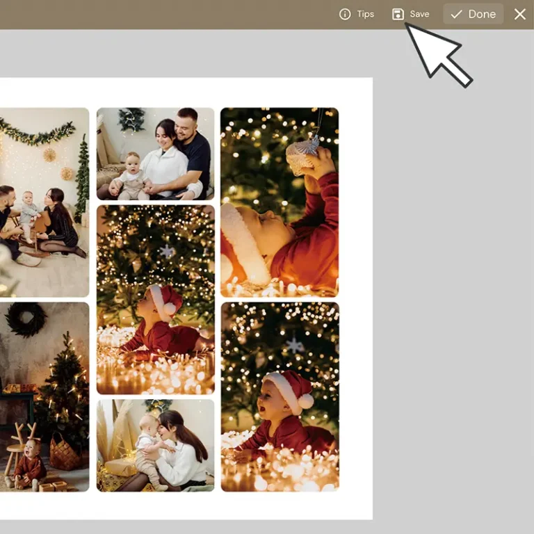 Screenshot showing the "Save" button in the photo collage editor, with the design complete and ready to be saved for future editing or printing.
