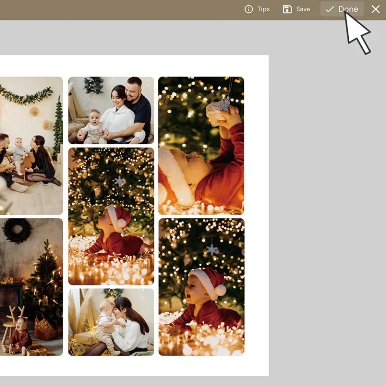 Screenshot showing the "Done" button in the photo collage editor, allowing users to finalize their design and proceed to the product page for selecting print size, frame type, and finish.