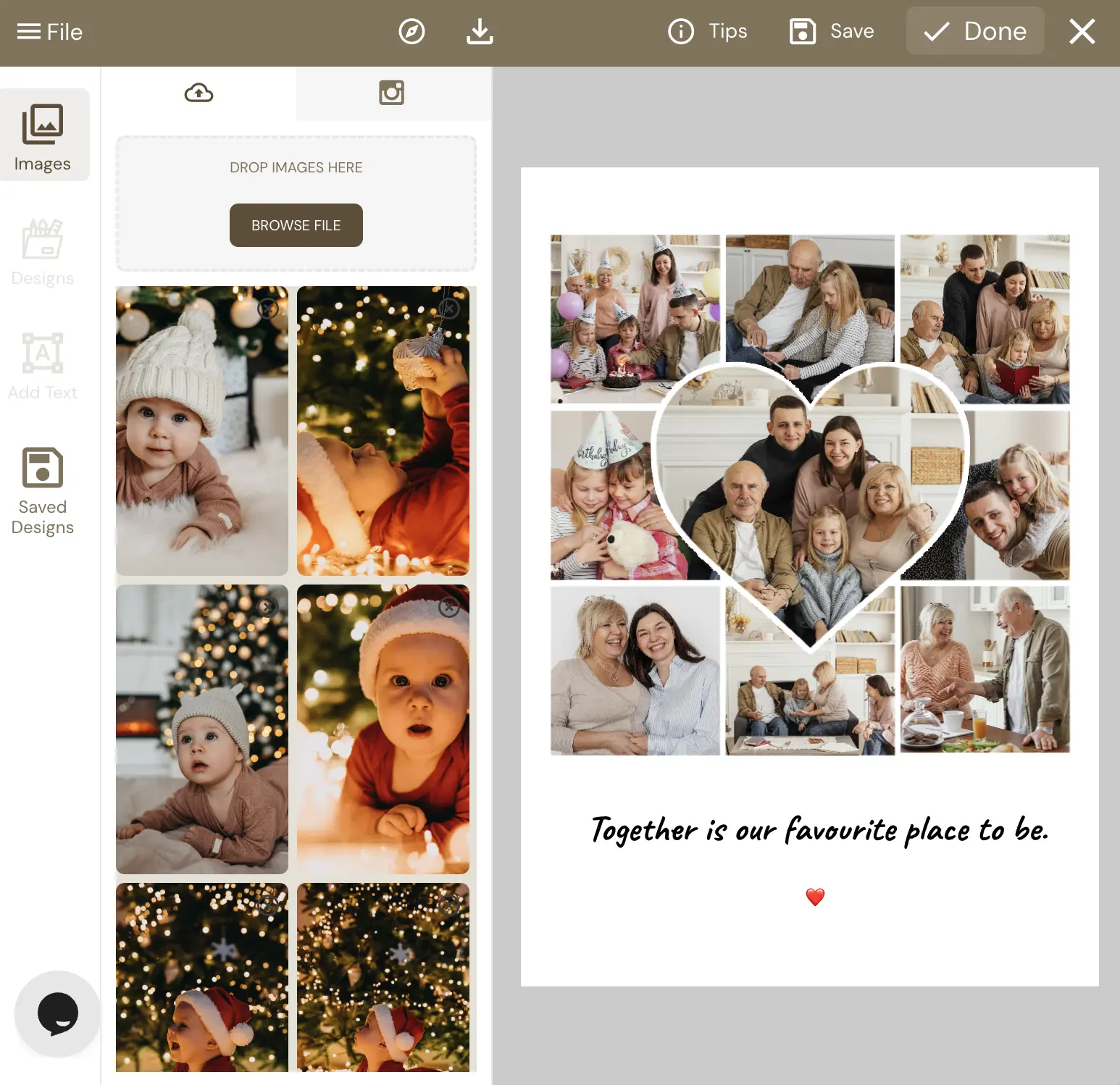 A heart-shaped photo collage featuring a family enjoying Christmas together, with a heartwarming message "Together is our favourite place to be."