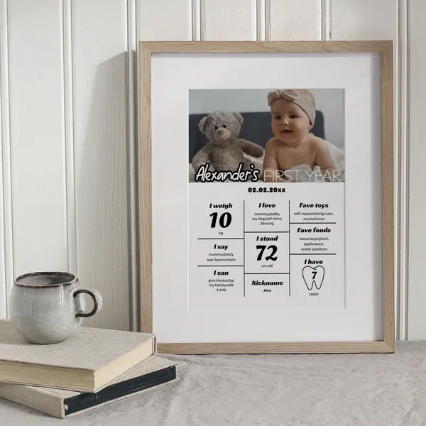 Baby milestone photo collage print showing birth details and cute portrait in wooden frame