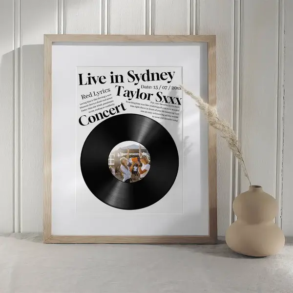 Vinyl record themed photo collage print with personalised text and modern minimalist design