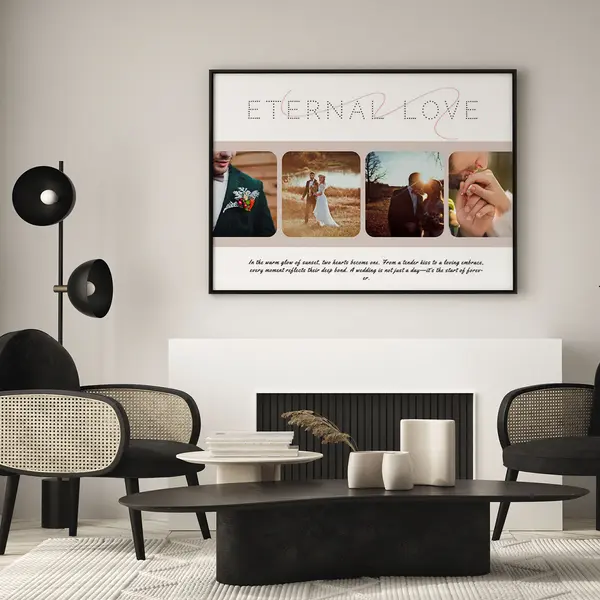 Eternal Love photo collage featuring wedding memories displayed above modern black coffee table