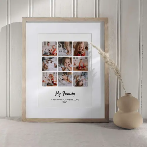 My Family custom photo collage wall art in natural oak frame against white timber wall