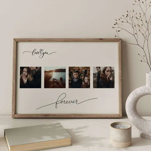 Forever themed family photo wall art with four square prints in rustic wooden frame