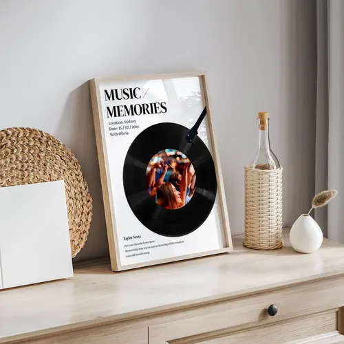 Personalised music memory wall art print featuring a vinyl record design in a modern home setting
