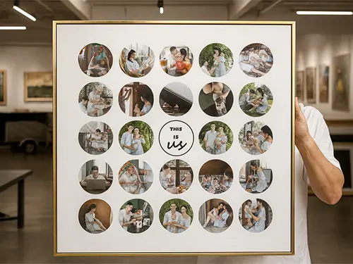 Round photo collage print displaying couple portraits in elegant minimalist frame