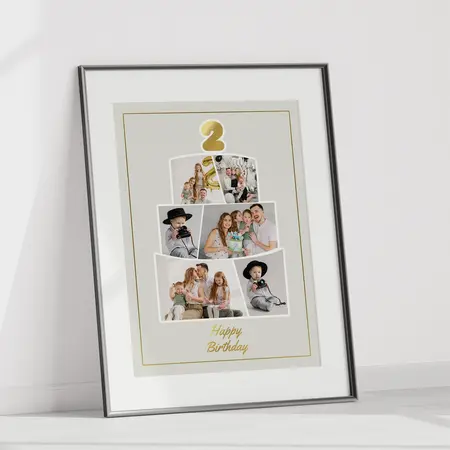 Birthday themed photo collage with number two design featuring baby and family portraits