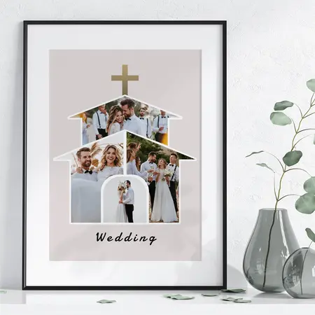 Wedding photo collage in church shape design featuring bride and groom portraits