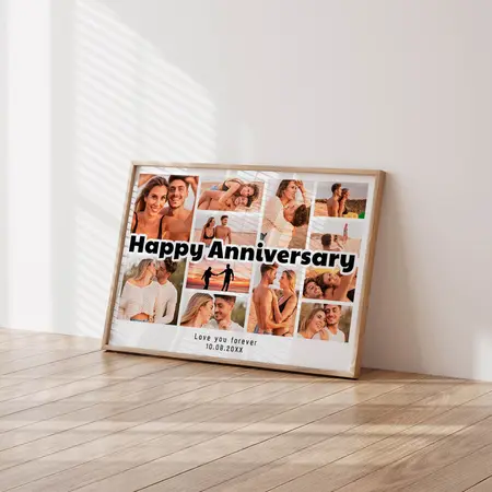 Happy anniversary photo collage showcasing couple moments framed in minimalist modern style