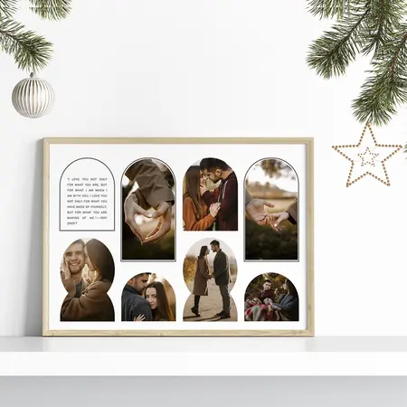 Photo collage featuring couple portraits in warm festive tones