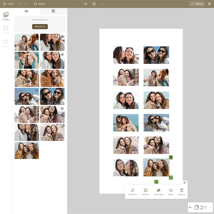 Online editor designing custom photo frames collage with multiple family pictures
