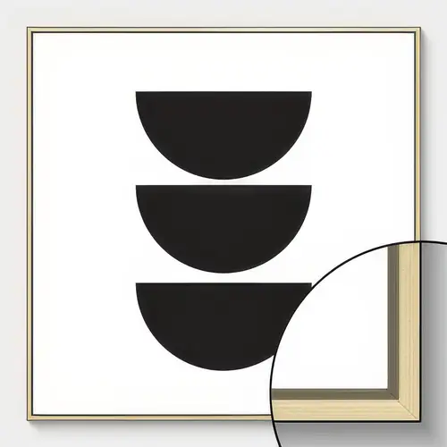 Modern abstract geometric art print with three black half circles in gold-edged frame