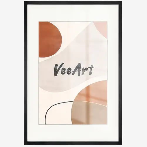 Abstract geometric art print in neutral beige and terracotta tones with VeeArt design logo
