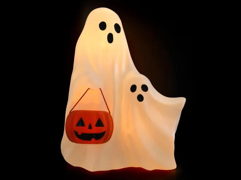 Light-up ghost Halloween decoration holding pumpkin lantern