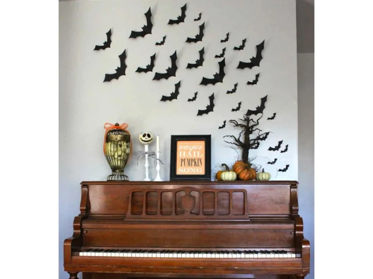 Piano decorated with Halloween elements.