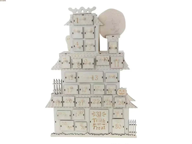DIY wooden haunted house Halloween countdown decoration with numbered drawers