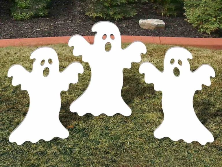 Outdoor ghost lawn decorations creating a fun Halloween vibe