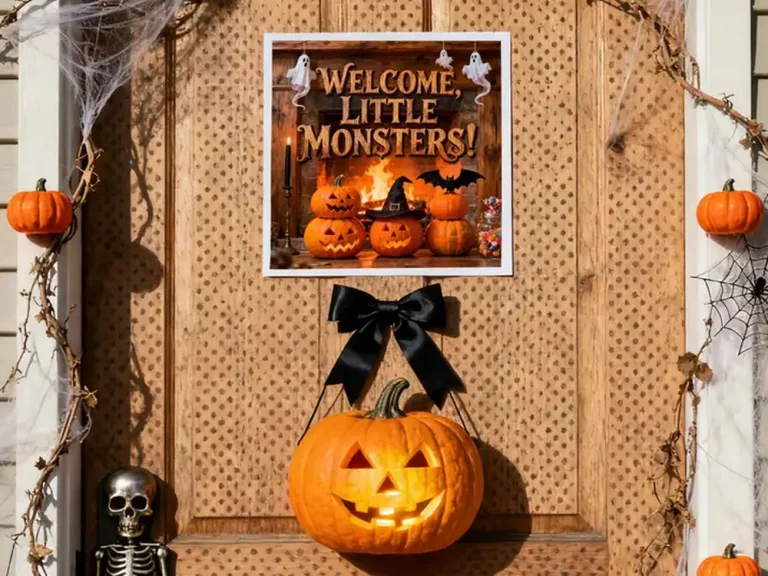 Welcome Little Monsters halloween decorations art print displayed on front door with skeleton and pumpkins.