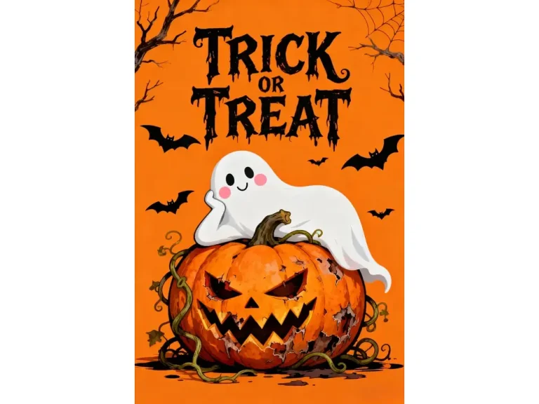 Trick or Treat Halloween decorations art print with ghost on pumpkin and bats on orange background.