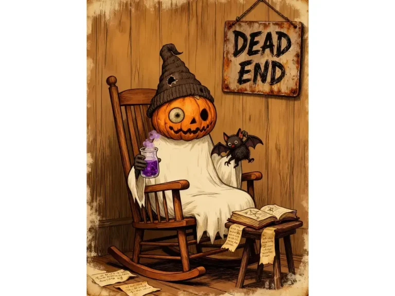 Pumpkin-headed character Halloween decorations art print in vintage spooky style with “Dead End” sign.