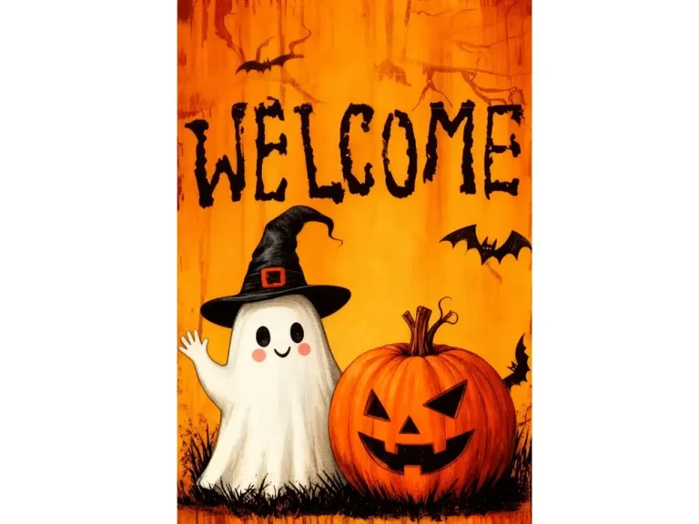 Cute ghost and pumpkin Halloween decorations art print with “Welcome” lettering on orange background.
