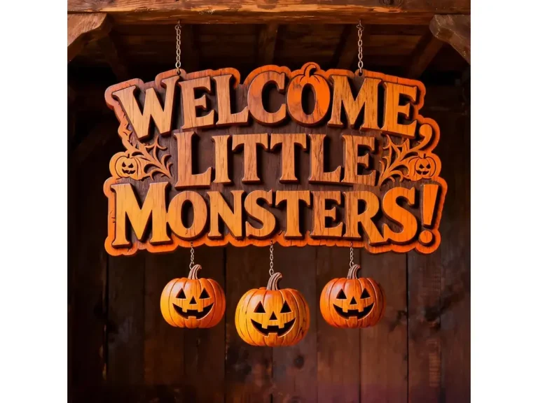 Welcome Little Monsters halloween decorations art print in wooden carved lettering with pumpkins hanging below.