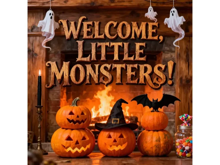 Welcome Little Monsters halloween decorations art print with jack-o’-lanterns and ghost figures by the fireplace.